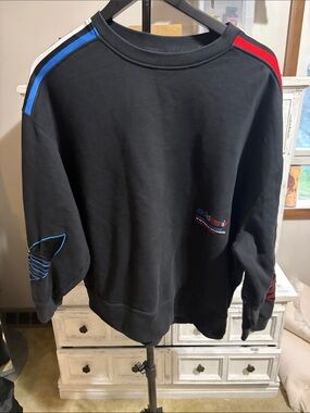 adidas Black Crewneck Sweatshirt with Red and Blue Shoulder Stripes